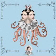 an illustration of two women with hair in the shape of an octopus on a blue background