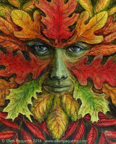 a painting of a man's face with autumn leaves on his head and eyes