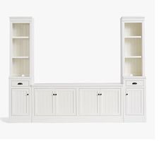 a white entertainment center with shelves and drawers