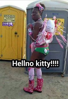 a woman in hello kitty boots standing next to a yellow portable toilet