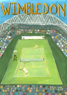 an acrylic painting of a tennis match in the middle of a large stadium