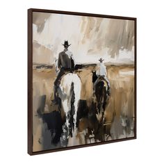 a painting of two men riding horses in the desert