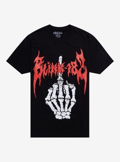 Turn up that crappy punk rock! This Blink-182 tee shows the band's logo in a red heavy metal font  with a skeleton hand giving the middle finger.100% cottonWash cold; dry lowImportedListed in men'sunisex sizes Heavy Metal Font, Blink 182 Shirt, Pop Punk Music, Skeleton Finger, Punk Tee, Metal Font, Punk T Shirt, Music Tees, A Skeleton