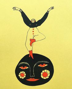 a drawing of a woman on top of a ball with her arms stretched out to the side