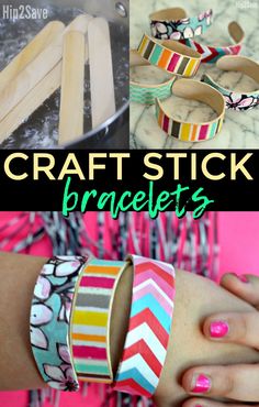 several different types of bracelets with the words craft stick bracelets