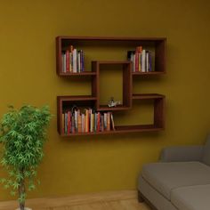 a living room with a couch, book shelf and potted plant on the floor