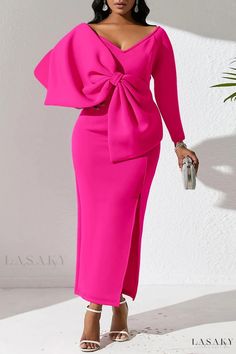 Lasaky - Chic Long Sleeve Bow V Neck Dress in Casual Solid Patchwork Design High Waist Maxi Dress, Plus Size Long Dresses, Maxi Dress Designs, Long Sleeve Dresses, Elegant Dresses Long, Hip Dress, Autumn Season, Sleeve Dresses, Party Dress Long