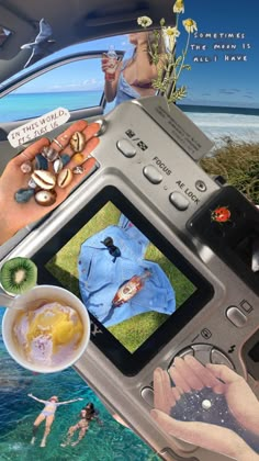 a digital camera with pictures on the screen and people swimming in the water behind it