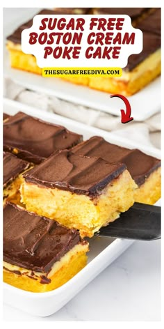 there is a cake with chocolate frosting on it and the words sugar free boston cream poke cake