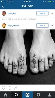 two people with tattoos on their feet and one has the word love written on it