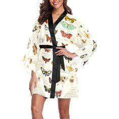 Butterflies, in botanical style, adorn this stylish Kimono Robe. Casual design with loose cuffs makes it comfortable to wear. Adjustable size. Outside belt around waist ensures a secure and universal fit. Made from 100% Polyester fabric, lightweight and comfortable. Super comfy and stylish. Perfect choice for daily sleepwear and casual bathrobe. Sizes: XS,S,M,L,XL,2XL. Please calculate your size from the measurement chart. Machine wash: cold (max 40℃ or 104℉); Non-chlorine; Iron with cover; Do n Butterflies, Butterfly Kimono, Stylish Kimono, Casual Design, Womens Robes, Vintage Sweatshirt, Unisex Sweatshirt, Hoodie Shirt, Apparel Accessories