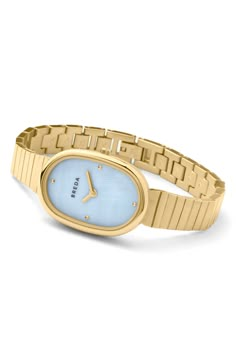 Wrap your wrist in this slender and elegant timepiece which has a mother-of-pearl dial and minimalist styling for a clean, uncluttered look. Style Name:Breda Jane Bracelet Watch, 23mm. Style Number: 6142788. Minimal Watch Design, Oval Watch, Taylor Lashae, Gold Skies, Jane Taylor, Metal Watch, Mens Fashion Watches, Gold Champagne, Jewelry Clasps