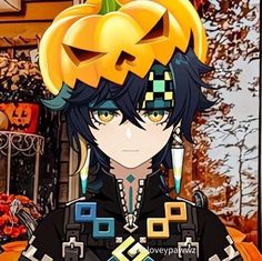 an anime character with pumpkins on her head