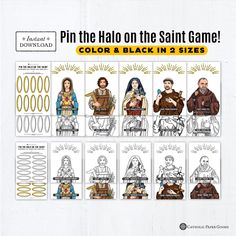 an image of a game card with people in medieval costumes and text that reads pin the halo on the saint game color & black in 2 sizes