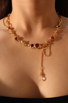 18K Real Gold Plated Red Gem Twist Necklace – Cutethingscommin Chinese Gold Jewellery, Red Gem Jewelry, Gold And Red Necklace, Red Gold Necklace, Red Gold Aesthetic, Red And Gold Necklace, Red And Gold Jewelry, Red And Gold Aesthetic, Ethereal Jewelry