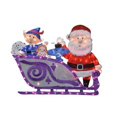 a lighted christmas ornament with santa riding in a sleigh and two children