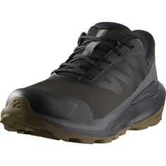 the men's hiking shoe is black and grey