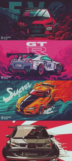 four different colored cars are shown in this graphic art work, each with their own color scheme