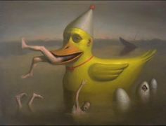 a painting of a yellow duck wearing a party hat and standing in the water with other birds