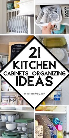 the kitchen cabinets are organized and organized with baskets, dishes, and utensils