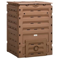 a large brown storage box with wheels on the front and bottom sides, sitting upright against a white background