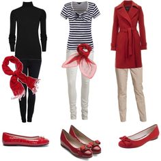 four different types of clothes and shoes with red bows on the front, black top, white pants, striped shirt, blue cardigan