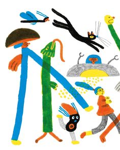 an image of children's artwork with cats and birds