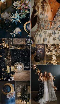 a collage of photos with gold, blue and black colors in the same color scheme