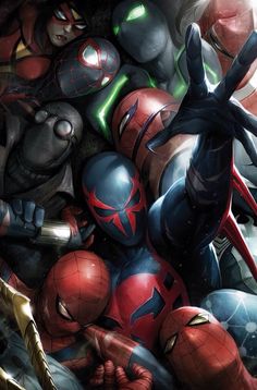 the amazing spider - man is surrounded by other superheros