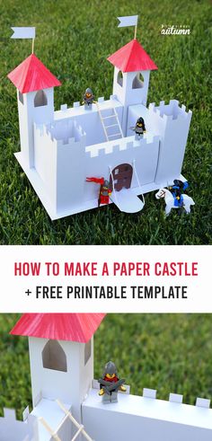 an image of a castle made out of legos on the grass with text overlay that reads how to make a paper castle + free printable template