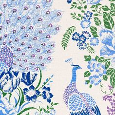 an image of peacocks and flowers on a white background with blue, green, purple and pink colors