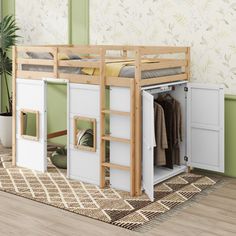 there is a bunk bed with stairs to the top and bottom, next to a plant