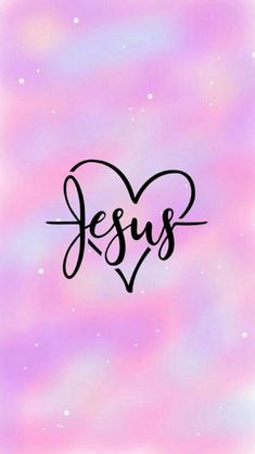 the word jesus written in black ink on a pink and purple background with hearts above it