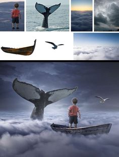 a collage of photos with whale tails in the sky and people standing on a boat