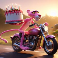 a pink cat riding on the back of a motorcycle with a birthday cake on it