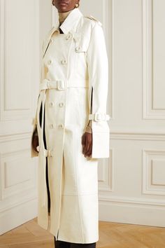 Off-white Double-breasted leather trench coat | ACNE STUDIOS | NET-A-PORTER Designer White Outerwear With Buttons, White Belted Outerwear For Work, Designer White Outerwear For Work, Elegant Cream Leather Outerwear, Cream Leather Outerwear For Work, Chic White Leather Outerwear, White Trench Coat Outfit, White Coat Outfit, Off White Coat