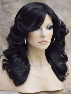 "~We mainly sale our wigs to cancer and alopecia patients. Therefore, we do not accept any returns on wigs. Please choose wisely and ask all questions before making your purchase/purchases. All sales on wigs are final. Thank you in advance for your consideration.~ WIG SPECIFICS TYPE: Classic cap wig MATERIAL: Synthetic LENGTH: approx. 19\" Stretched CAP SIZE: Average ~Fits 21.5\"-22.5\" in head circumference CAP ADJUSTABLE: Yes SPECIAL FEATURES: Loose open curls, layered, Full Bangs, Feathered S Korean Hair Ideas, Farrah Fawcett Style, Open Curls, Style Wig, Korean Hair, Farrah Fawcett, Hair Stylies, Black Wig, Feathered Hairstyles