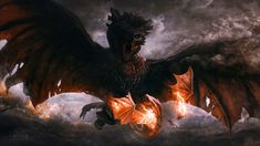 a large black dragon flying through the air