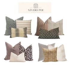 six pillows with different patterns on them and the words studio pole written in white letters