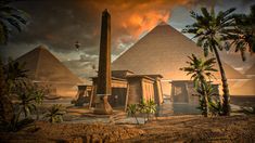 the egyptian pyramids are surrounded by palm trees and other ancient structures in this digital painting