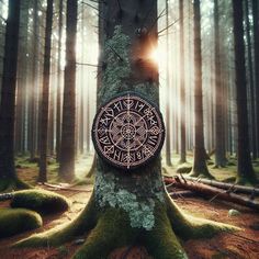 a tree in the middle of a forest with a compass on it's face