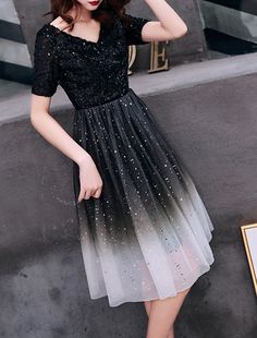 A-Line Cocktail Dresses Sparkle Dress Party Wear Cocktail Party Knee Length Short Sleeve V Neck Tulle with Pleats Sequin Short Sleeve Tulle Dress For Banquets, Black A-line Tulle Evening Dress, Short Sleeve Tulle Dress For Prom Season, Black A-line Party Dress, Black Mini Length Evening Dress For Prom Season, Black Mini-length Evening Dress For Prom Season, Black Mini Length Evening Dress For Prom, Black Mini Evening Dress For Prom, Fitted Tulle Knee-length Dress