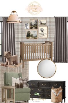 a baby's room with furniture and decor in shades of gray, beige, and green