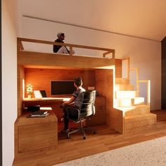 a person sitting at a desk in front of a computer on top of a wooden bunk bed