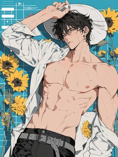 a shirtless man standing in front of sunflowers with his hands on his head