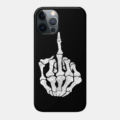 a black phone case with a white skeleton hand on it