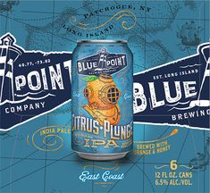 a can of blue point beer on a map with the caption's name