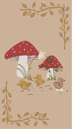 an illustration of two mushrooms and ducks in the grass with leaves around them on a beige background