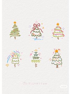 christmas trees drawn with colored pencils on white paper