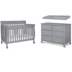 a baby crib, dresser and changing table are shown in this image with white background